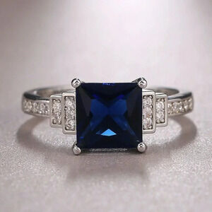 Sterling Silver Diamond Sapphire Princess Cut Ring